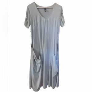 Inizio Flutter Linen Dress Sz M White Asymmetric Lagenlook Pocket Ribbed Back